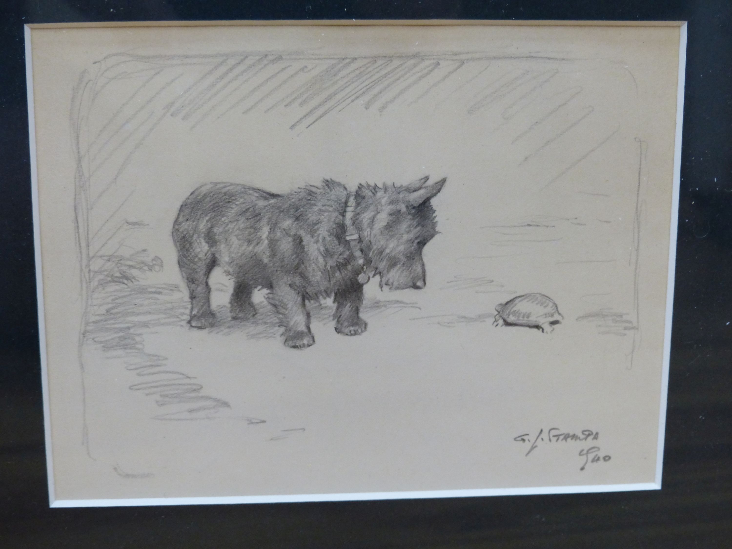 Harry Rountree (1878-1950), pen and ink, 'When it rains sing', signed, 11 x 16cm and George Loraine Stampa, (1875-1951), pencil drawing of a terrier and tortoise, signed, 12 x 16cm